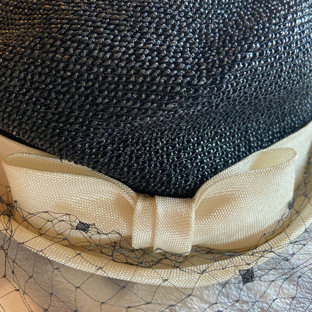 Vintage Marshall Field & Company Black and Cream Hat with Bow and Lace Net Veil
